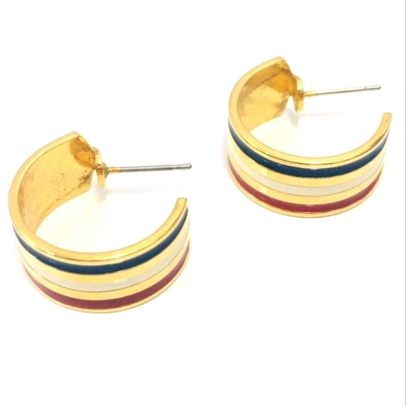 🦋 Vintage 80s Hoop Earrings Red White Blue Enamel Stripe Pierced - Picture 1 of 5